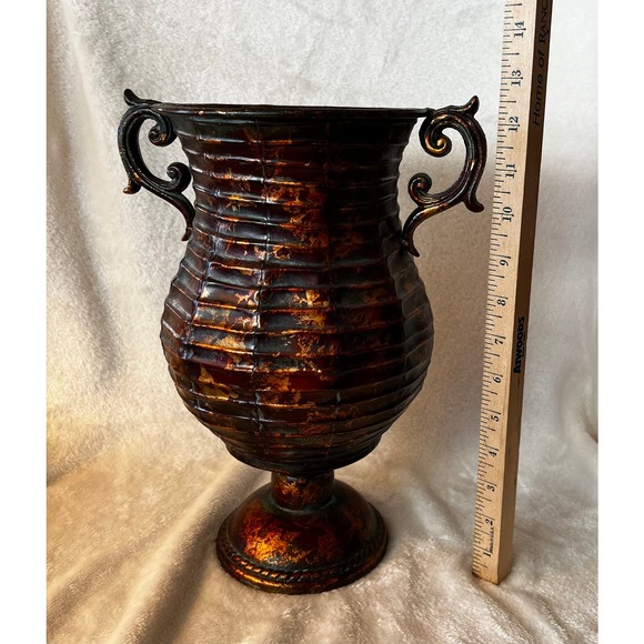 Rustic Copper Hue Tin Plant Flower Vase Urn 12.75" Tall - Picture 9 of 10